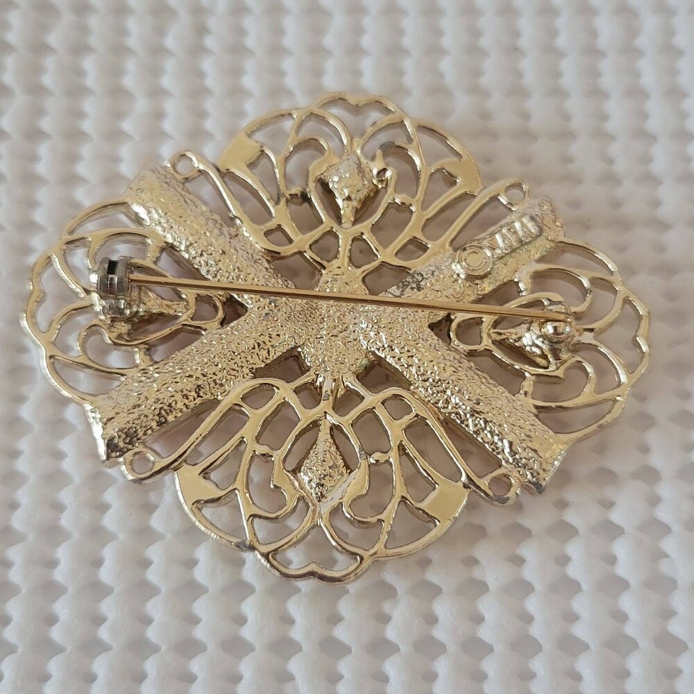 Sarah Coventry Signed Gold Tone Filgree Orange Cabochon Bead Oval Pin Brooch - Picture 3 of 5
